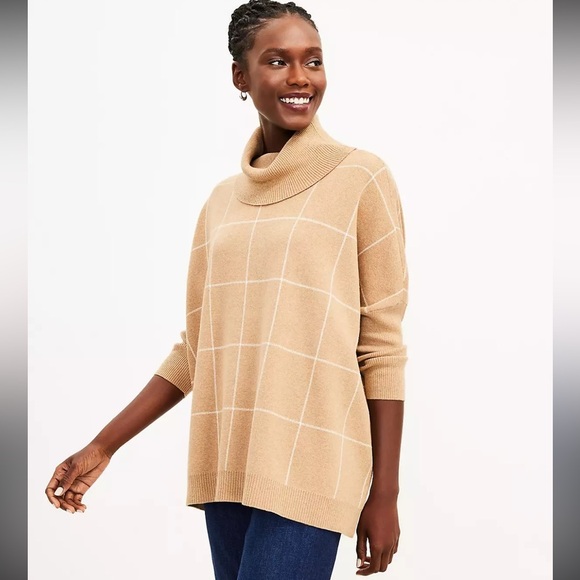 Loft Camel Tan Windowpane Cotton Boxy Cowl Turtleneck Sweater size L - Picture 1 of 13